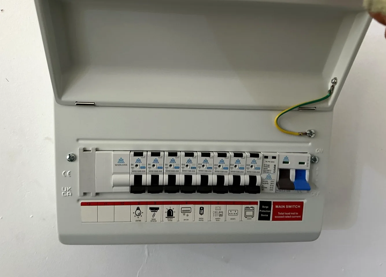 Single-phase consumer unit front showing breakers and circuit identification