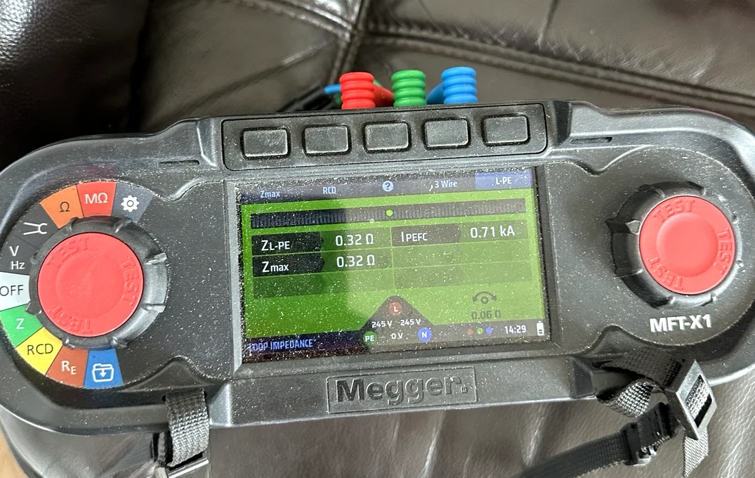Megger multifunction tester displaying loop impedance measurements
